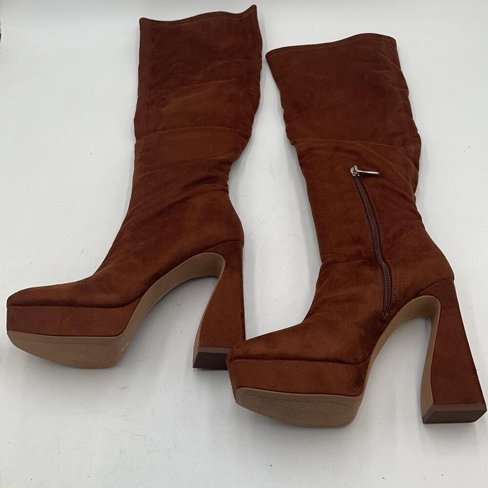 Boots Womens Brown Stretch Microsuede Platform Knee High Block Heel New Sz 7.5